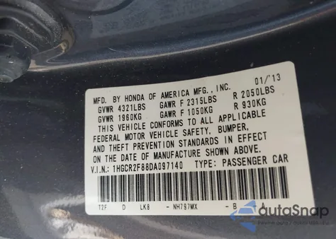 2013 Honda Accord Ex-L from USA, damaged, VIN 1HGCR2F88DA097140